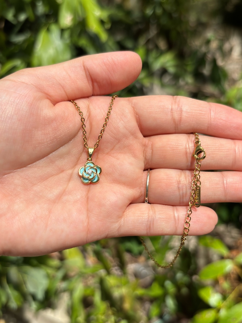 18K Gold Plated Stainless Steel Tiffany blue Rose Necklace